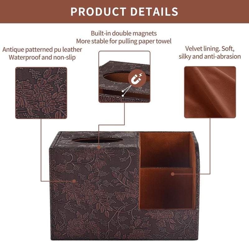 XNONE PU Leather Tissue Box Cover Square Tissue Holder Tissues Box Organizer with 2 Compartment,Remote Control Holder,Multifunctional Decorative Tissue Box Covers Cube,Home Office Desktop Storage Box,Retro - Image 5